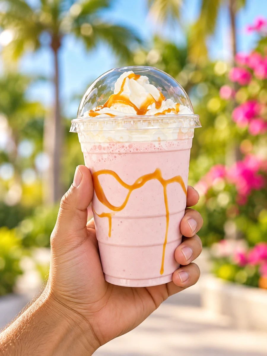 Pink milkshake with whipped cream and syrup held in a neatly groomed hand